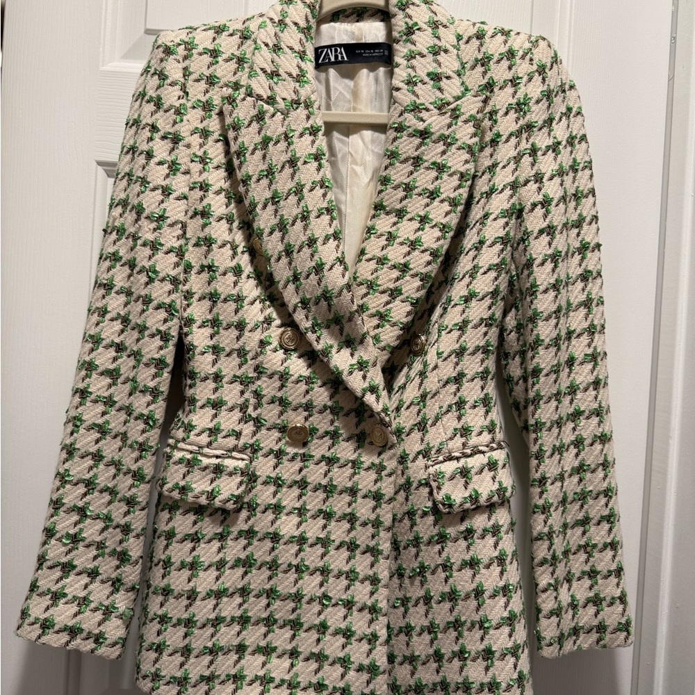 Zara Women's Houndstooth Blazer in Green and Cream